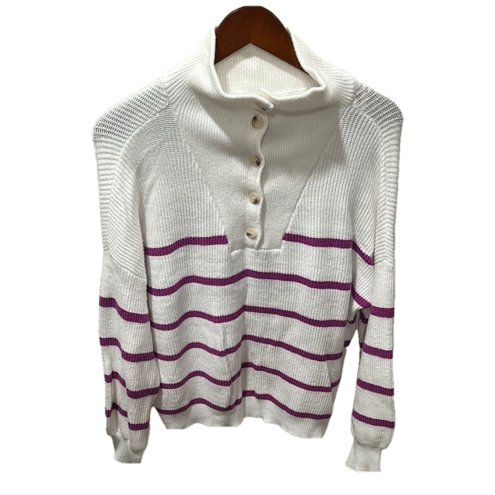Sincerely Jules Striped Button-Up Sweater - White and Purple size M NWOT